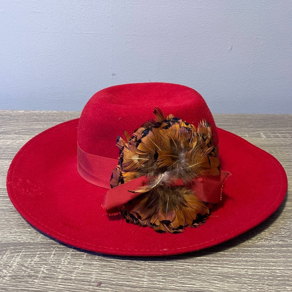 Womens Red Wide Brim Fedora Hat Felt 100% Wool Feather Trim Size Small 6 5/8 USA